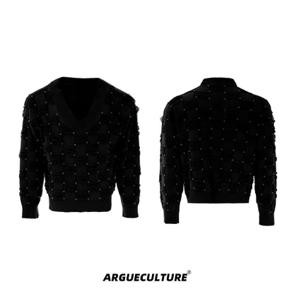 Pearl Beads V-Neck Fringe Knit Sweater WN21222