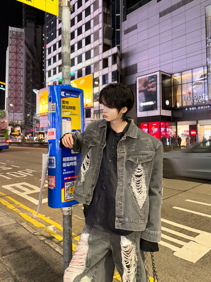 Damage Wash Heavyweight Denim Jacket & Wide Leg Denim Jeans Setup WN20734