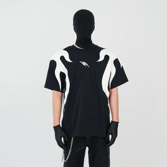 PU Leather Flame Patch Oversize Short Sleeve T-Shirt WN17328