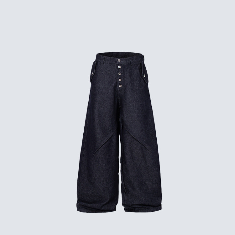 Multi-Button Deconstructed Draped Wide Leg Denim Jeans WN27903
