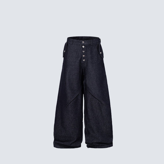 Multi-Button Deconstructed Draped Wide Leg Denim Jeans WN27903