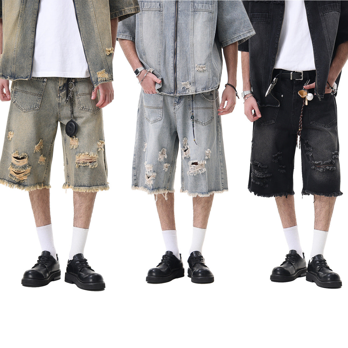 Washed Damage Wide Leg Denim Short Pants WN25596