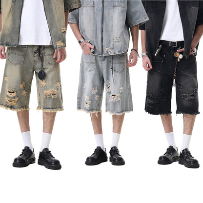 Washed Damage Wide Leg Denim Short Pants WN25596