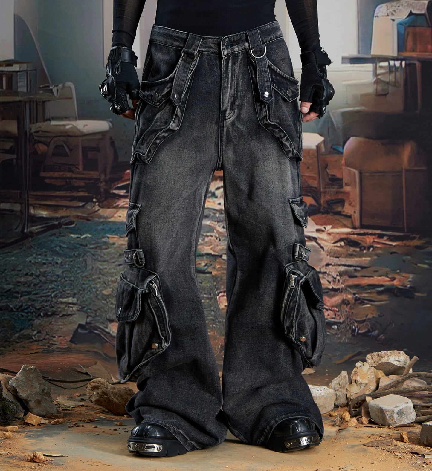 Splicing Multi-Pocket Washed Damage Cargo Denim Jeans WN21334