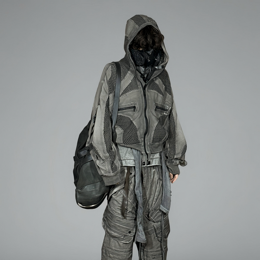 Deconstructed Mesh Patch Washed Zipper Hoodie WN21987