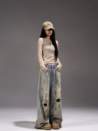 Damage Wide-Leg Straight Denim Jeans WN7262