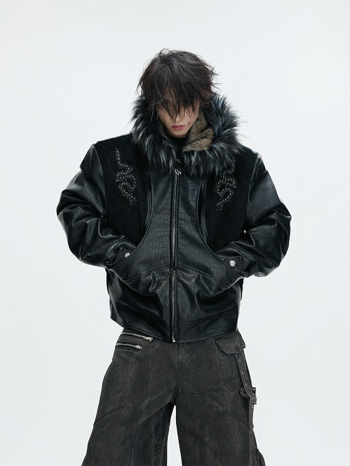 Fake Fur Collar PU Leather Hooded Heavyweight Puffer Jacket WN22618