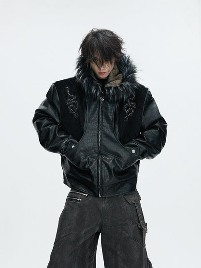 Fake Fur Collar PU Leather Hooded Heavyweight Puffer Jacket WN22618