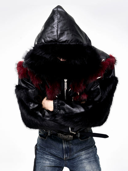 Fake Fur Patchwork Hooded Short Jacket WN21803