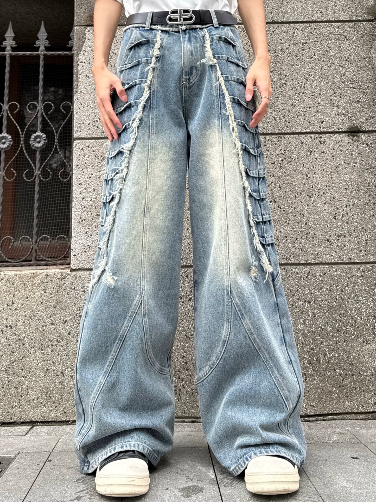 Fringe Damage Wash Denim Jacket & Wide Leg Denim Jeans Setup WN20756