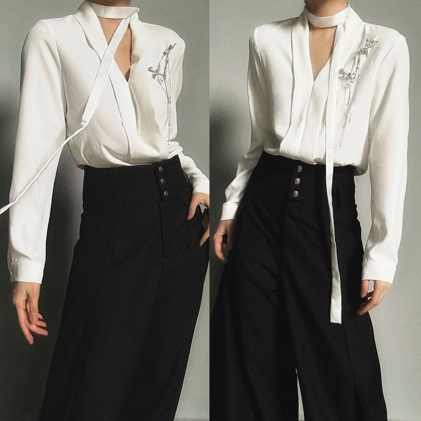 V-Neck Tie Drape Long Sleeve Shirt WN23130