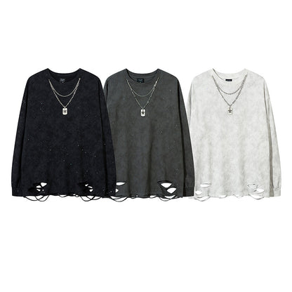 Starry Necklace Raw Hem Damage Long Sleeve T-Shirt WN11216