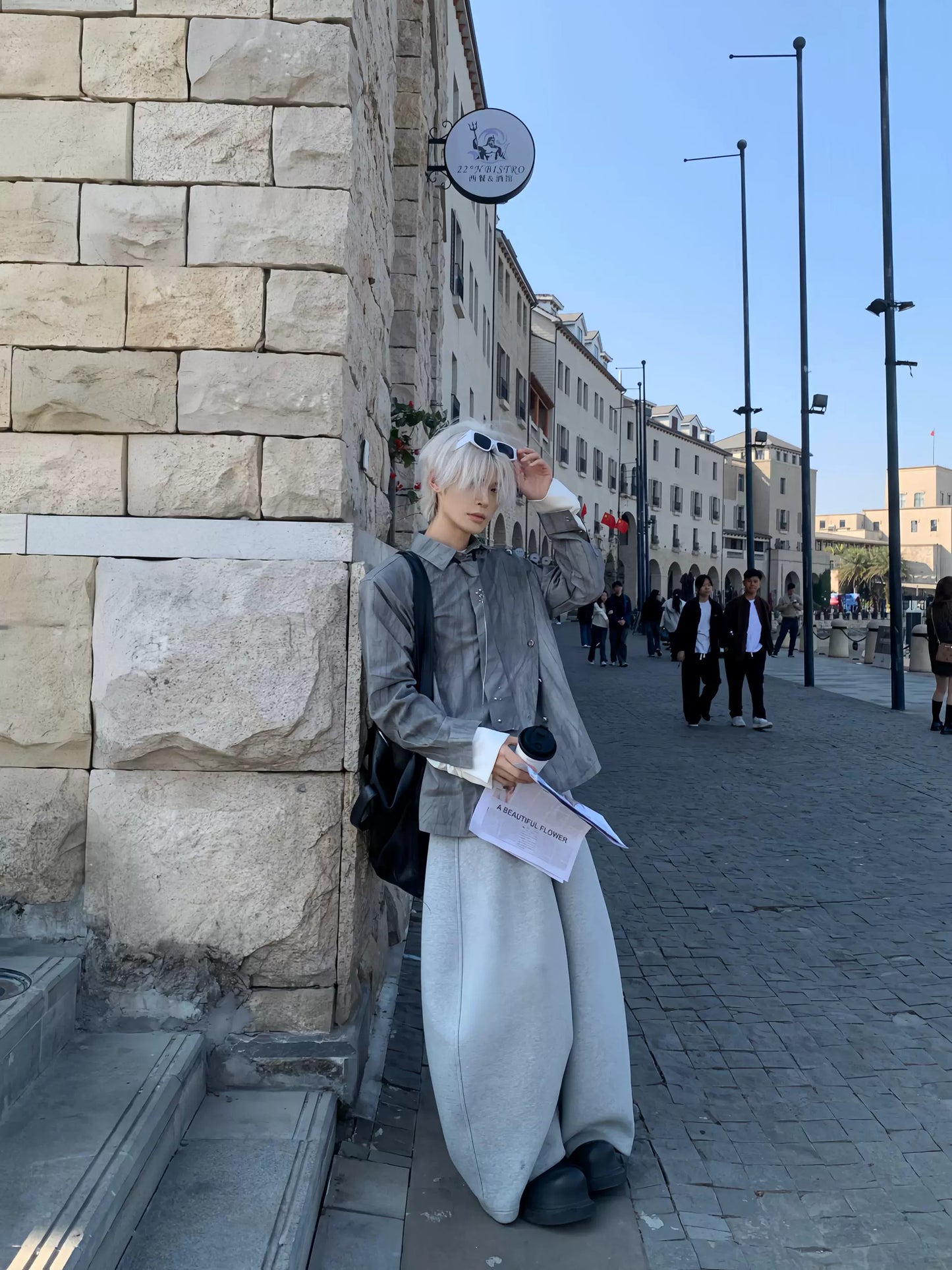 Asymmetrical Button Metal Necktie Long Sleeve Shirt WN19808