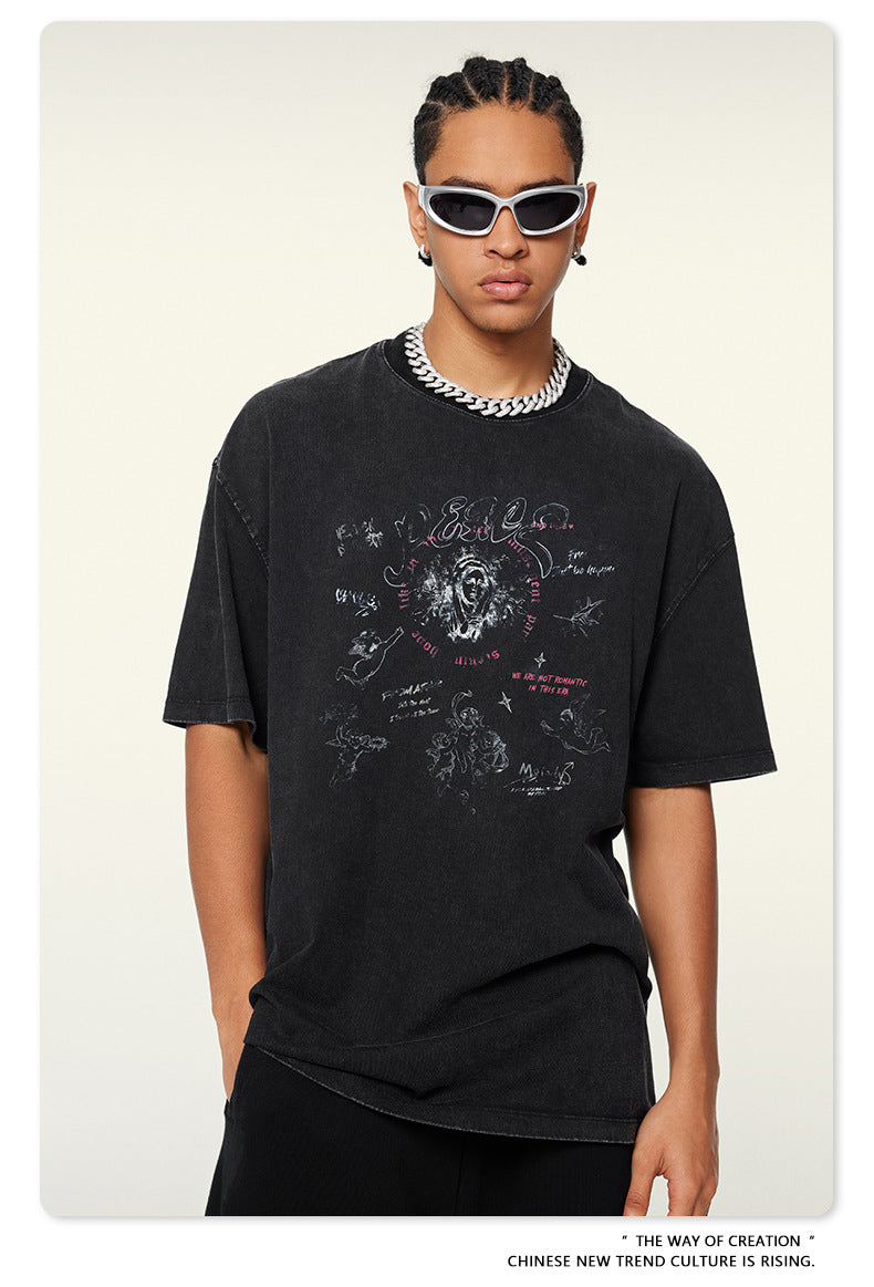 Washed Angel Print Round Neck Short Sleeve T-Shirt WN7833