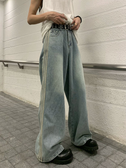 Stripe Panel Washed Wide Leg Denim Jeans WN19886