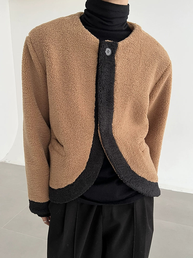 Collarless Contrast Boa Warm Jacket WN21469