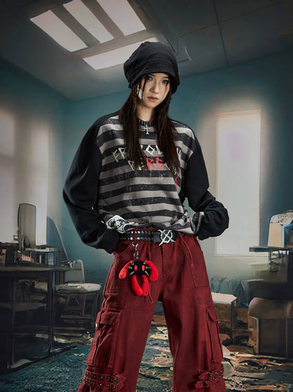 Graffiti Letter Print Stripe Long Sleeve T-Shirt WN20561