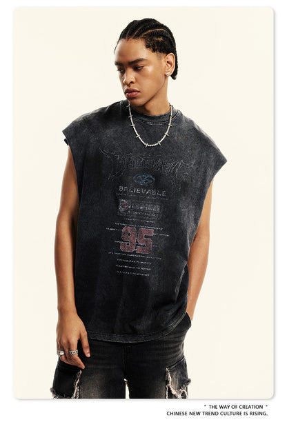 Washed Damage Print Oversize Tank Top T-shirt WN6391