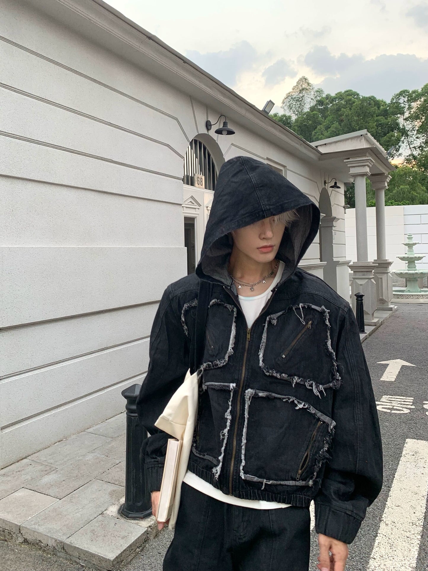 Metal Zipper Panel Denim Jacket & Wide Leg Pants Setup WN19827