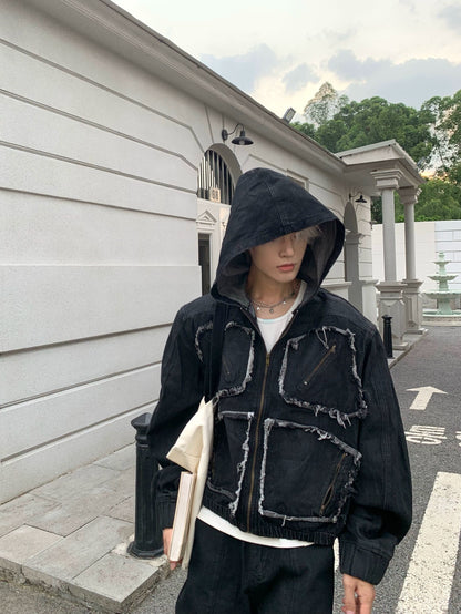 Metal Zipper Panel Denim Jacket & Wide Leg Pants Setup WN19827