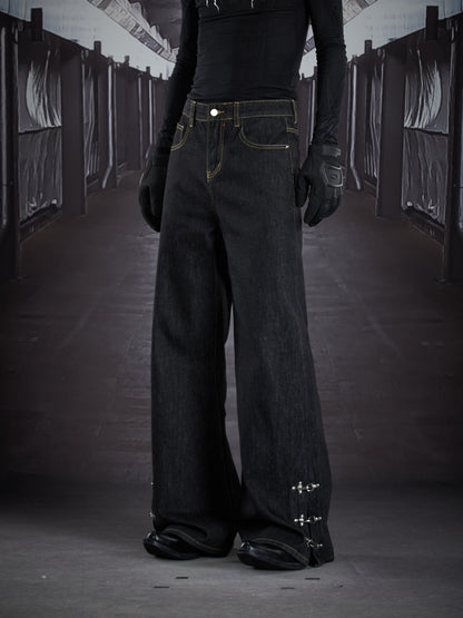 Metal Buckle Topstitch Straight Denim Jeans WN22905