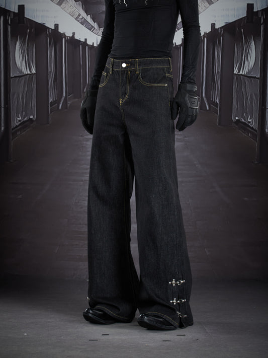 Metal Buckle Topstitch Straight Denim Jeans WN22905