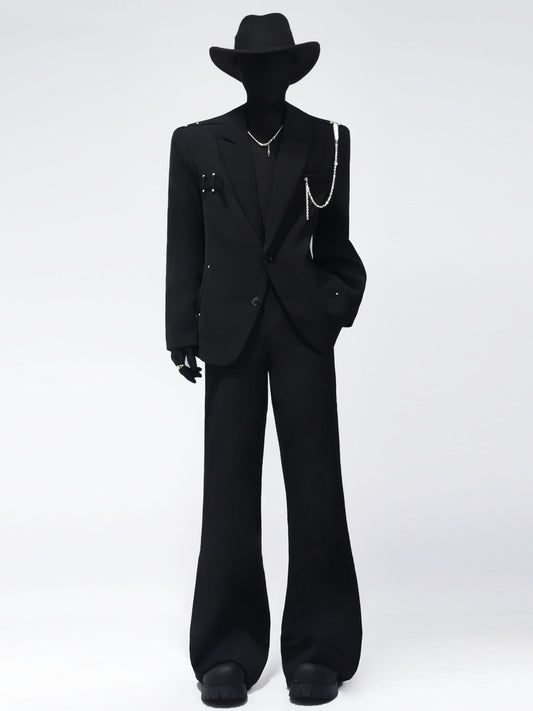 Chain Decor Tailored Jacket & Wide Leg Trousers Setup WN23664