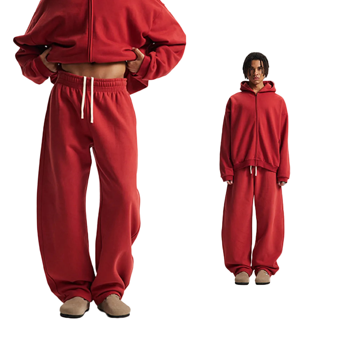 Fleece Lining Side Pocket Zipper Hoodie & Fleece Lining Wide Leg Sweatpants Setup WN23114