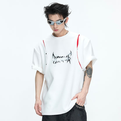 Deconstruction Liquid Print Contrast Panel Rivet Short Sleeve T-Shirt WN26976