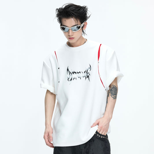 Deconstruction Liquid Print Contrast Panel Rivet Short Sleeve T-Shirt WN26976