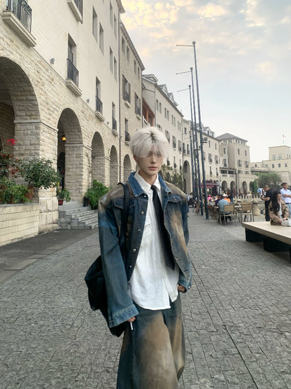 Multicolor Heavyweight Washed Denim Jacket & Washed Wide Leg Denim Jeans Setup WN19822