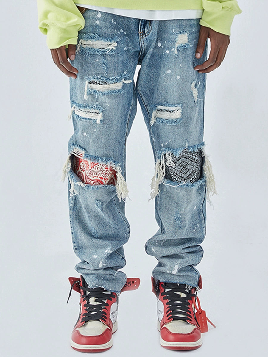 Patchwork Damage Wash Straight Denim Jeans WN12259