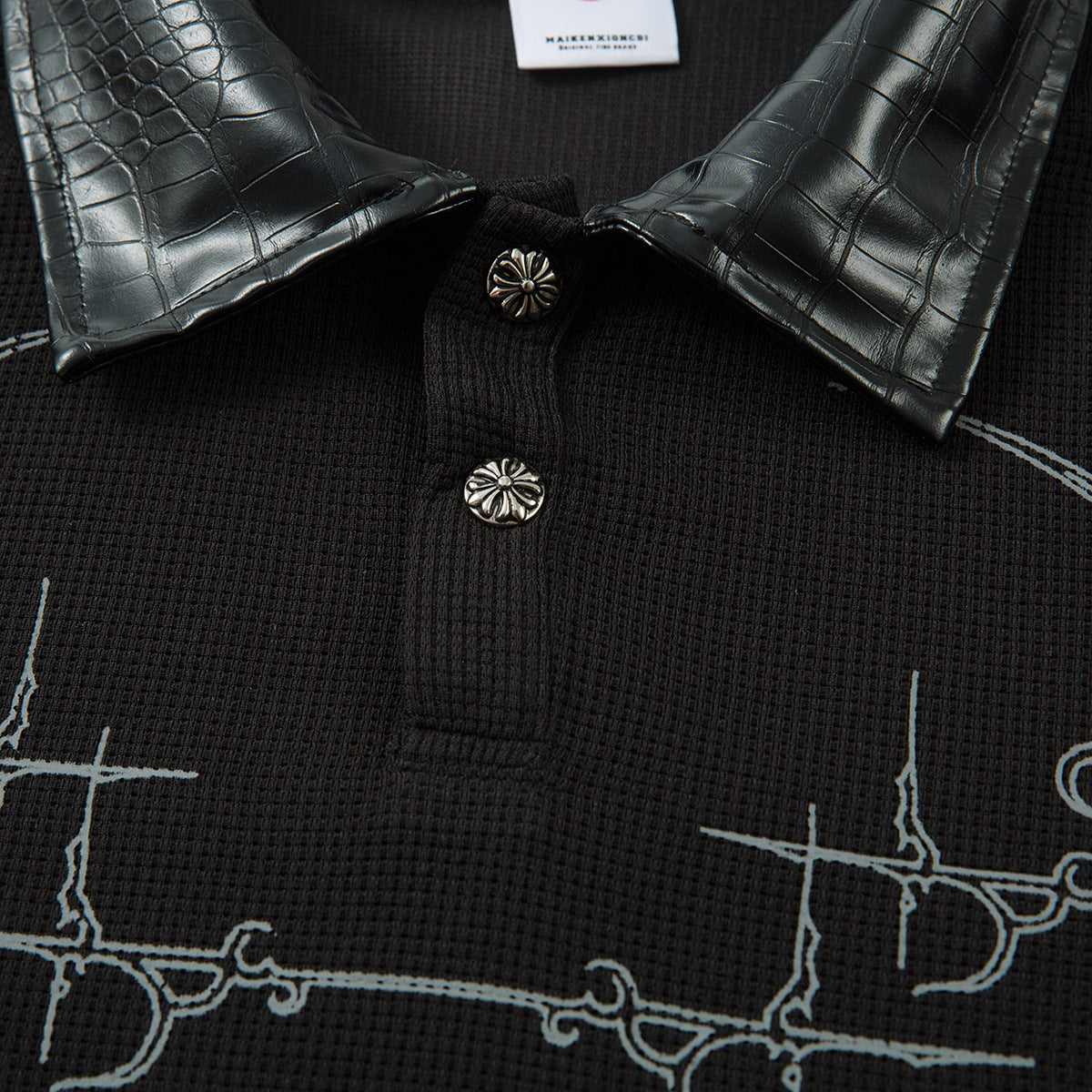 PU Leather Collar Thorn Print Fake Layered Long Sleeve Polo Shirt WN25550