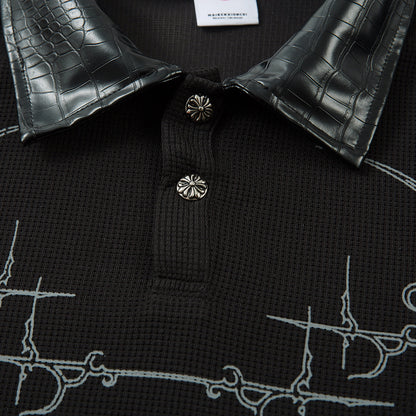 PU Leather Collar Thorn Print Fake Layered Long Sleeve Polo Shirt WN25550