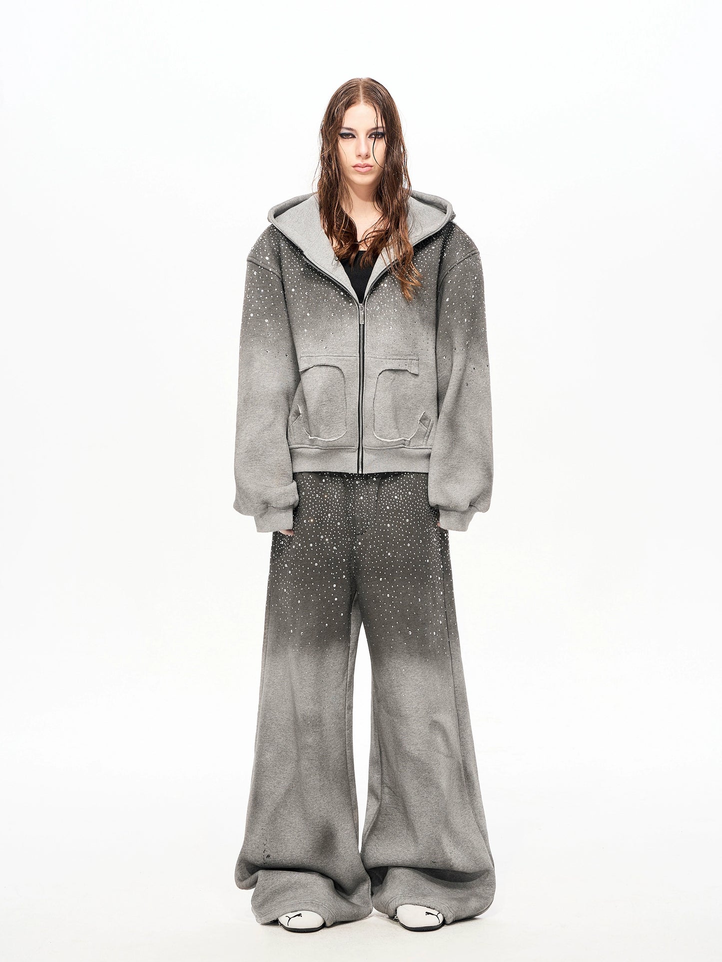 Rhinestone Fake Fur Lining Hoodie & Sweat Pants Setup WN22149