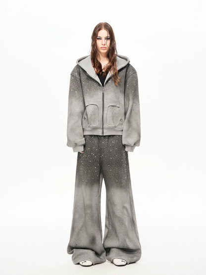 Rhinestone Fake Fur Lining Hoodie & Sweat Pants Setup WN22149