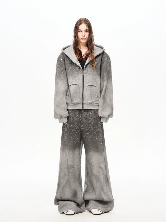 Rhinestone Fake Fur Lining Hoodie & Sweat Pants Setup WN22149