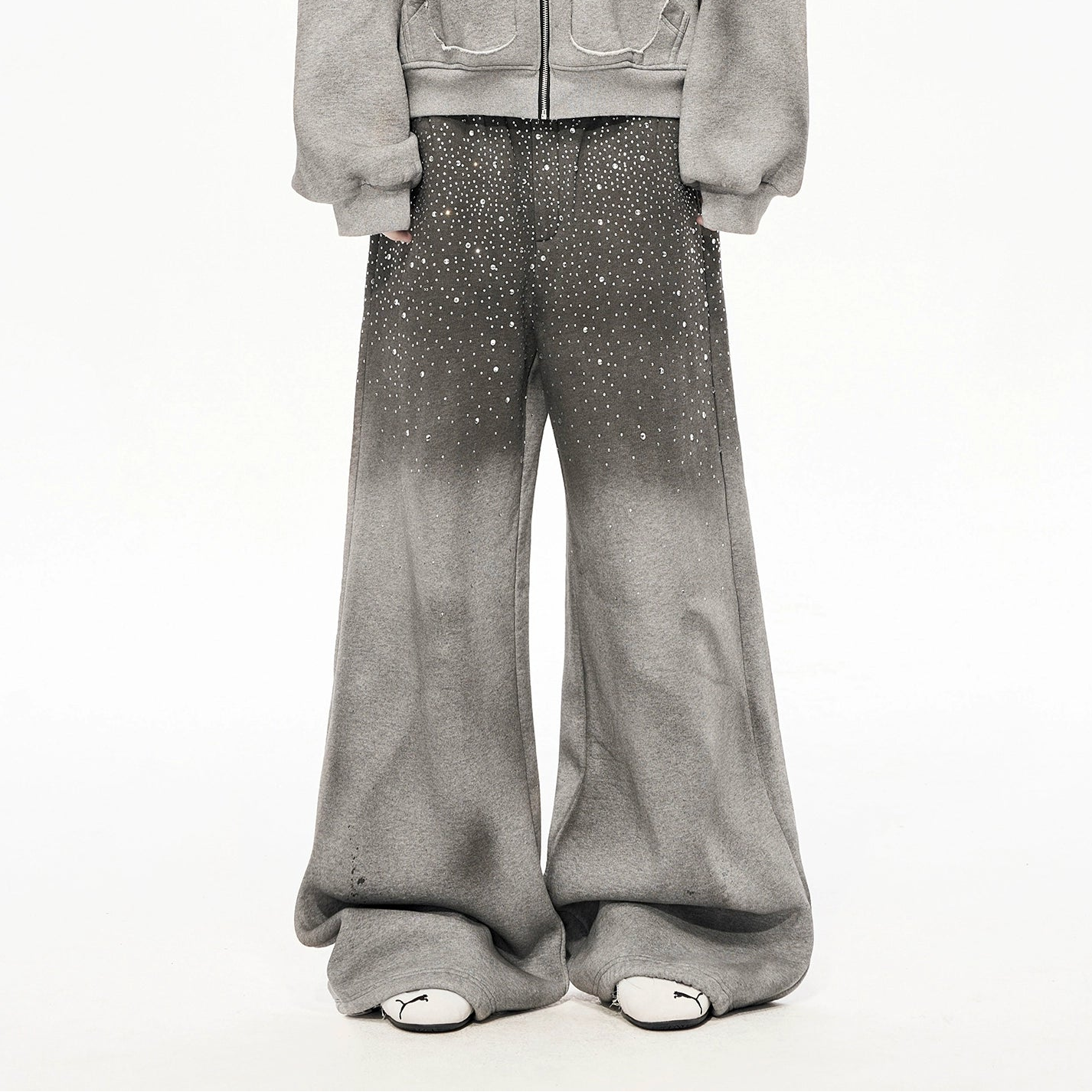 Rhinestone Fake Fur Lining Hoodie & Sweat Pants Setup WN22149