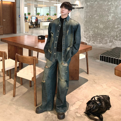 Damage Denim Jacket & Wide Leg Denim Jeans Setup WN25305