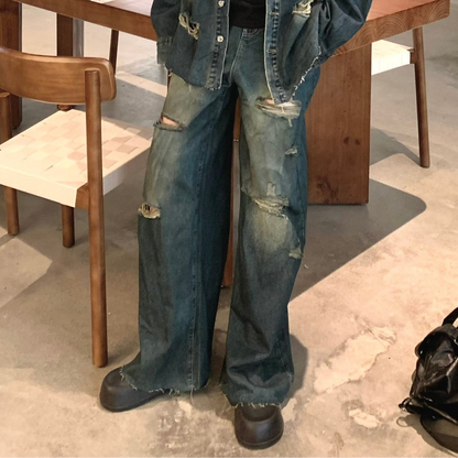 Damage Denim Jacket & Wide Leg Denim Jeans Setup WN25305