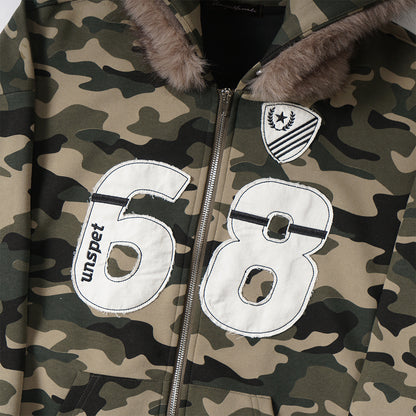 Fake Fur Collar Camouflage Zipper Hoodie WN21879