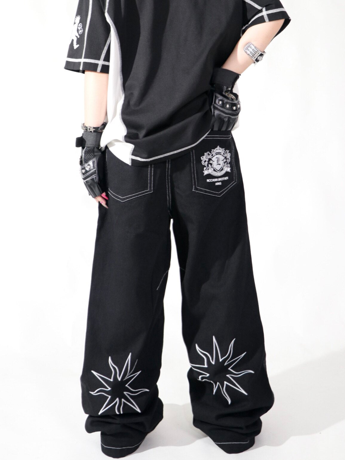 Graphic Embroidery Star Wide Leg Denim Jeans WN24127
