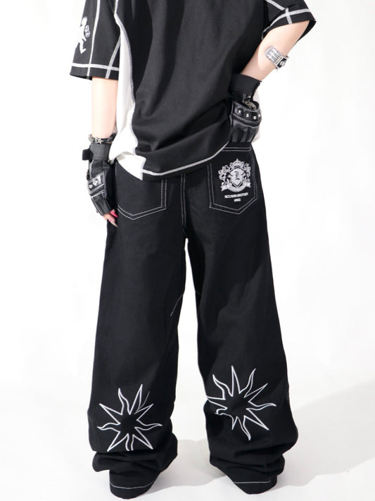Graphic Embroidery Star Wide Leg Denim Jeans WN24127