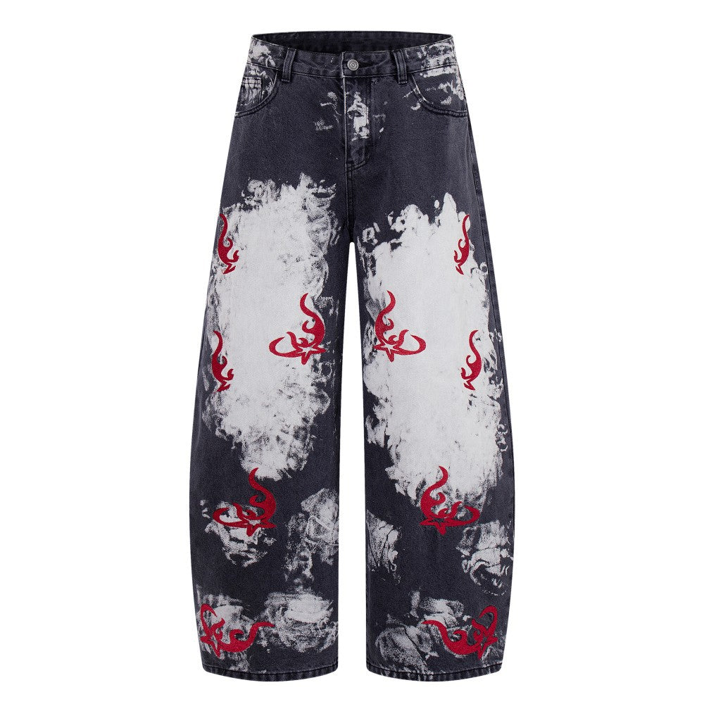 Washed Graphic Print Wide Leg Denim Jeans WN27794