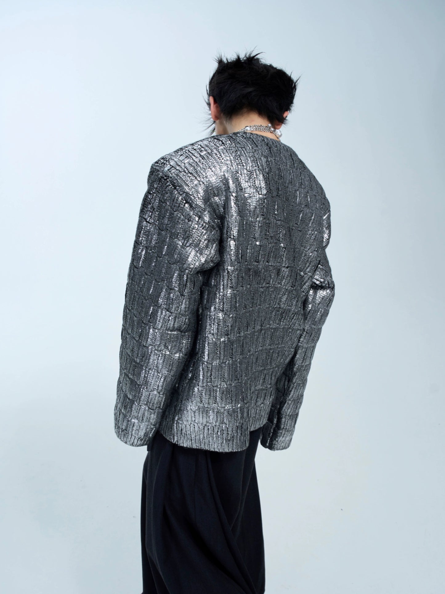 Metallic Coated Irregular Textured Knit Sweater WN10563