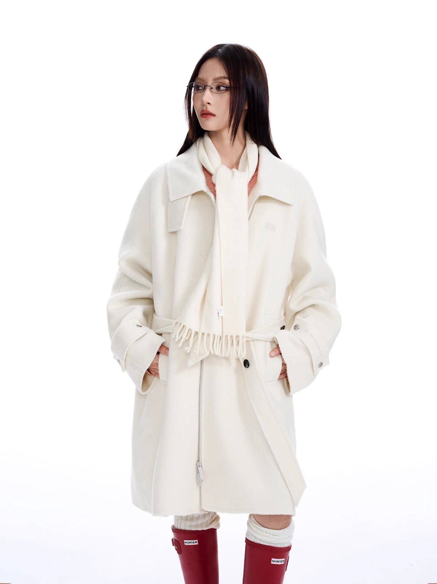 Double Zipper Wool Belted Long Coat WN9815