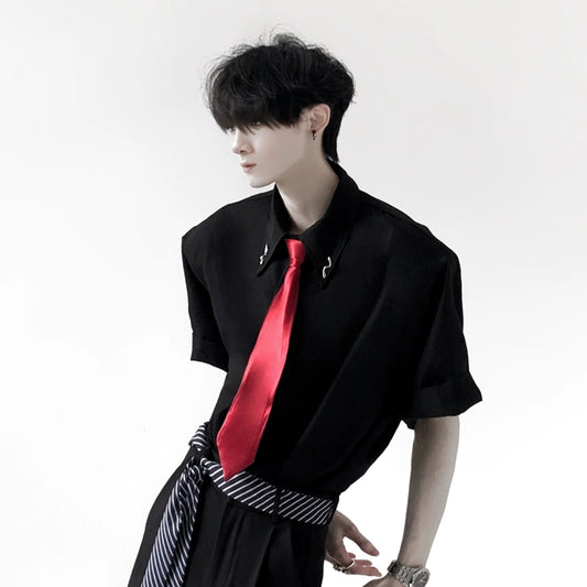 Metal Detail Shoulder-pad Short Sleeve Shirt & Tie WN20346