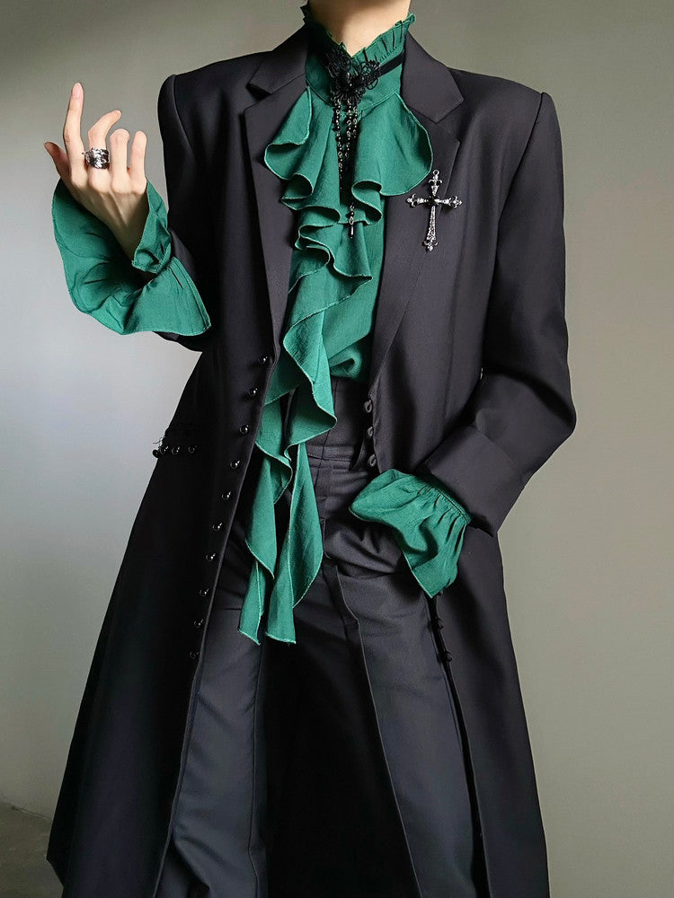 Standing-Collar Ruffle Drape Long Sleeve Shirt WN23140