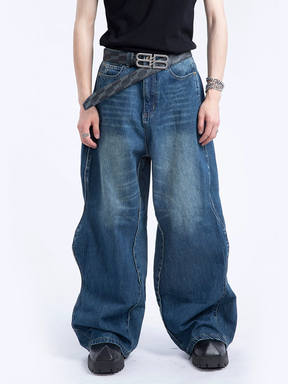 Wave Pattern Stacking Washed Wide Leg Denim Jeans WN7278