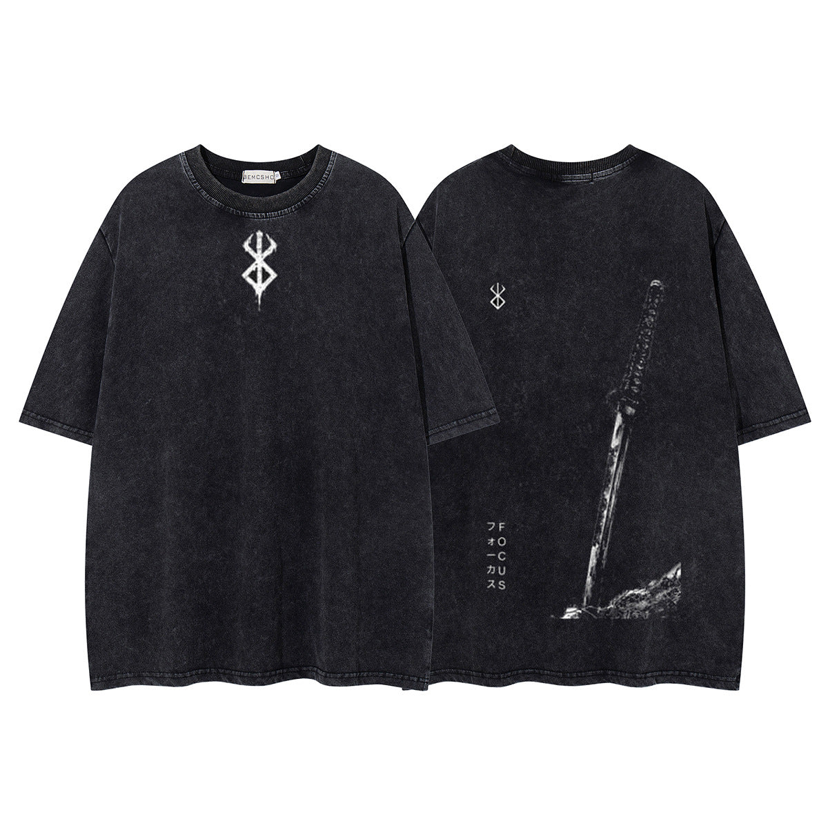 Washed Damage Sword Symbol Print Short Sleeve T-Shirt WN26916